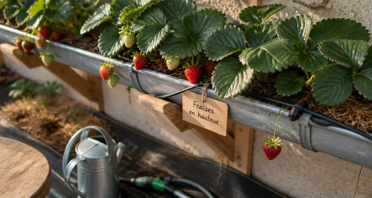 Plantation fraisier en hauteur : rangée de fraisiers en zinc, récolte sans se baisser