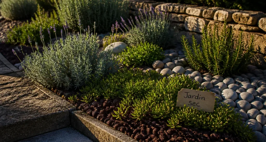 Plantes plein soleil sans arrosage pour un jardin sec, delosperma, lavande et romarin