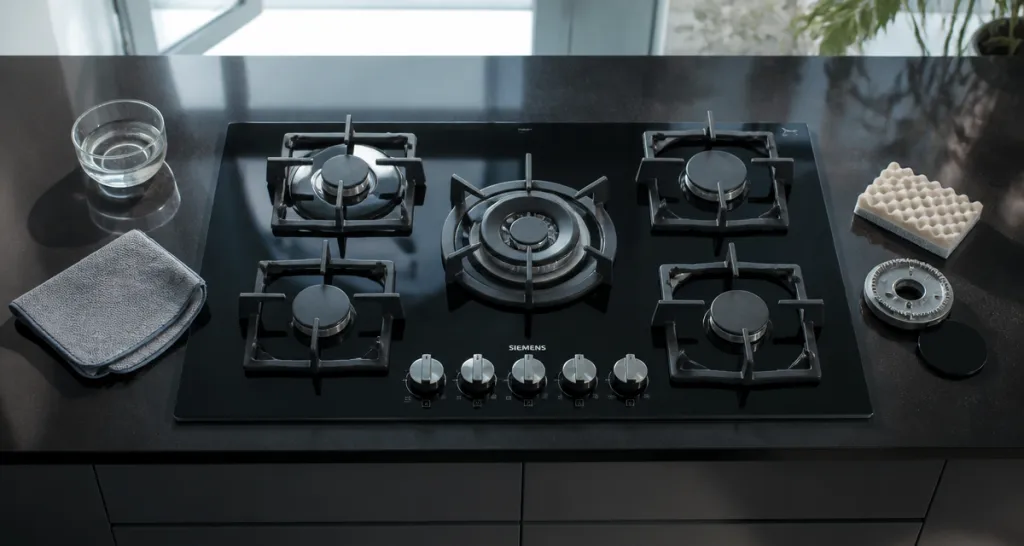 plaque de cuisson gaz 5 feux facile à nettoyer vue du dessus