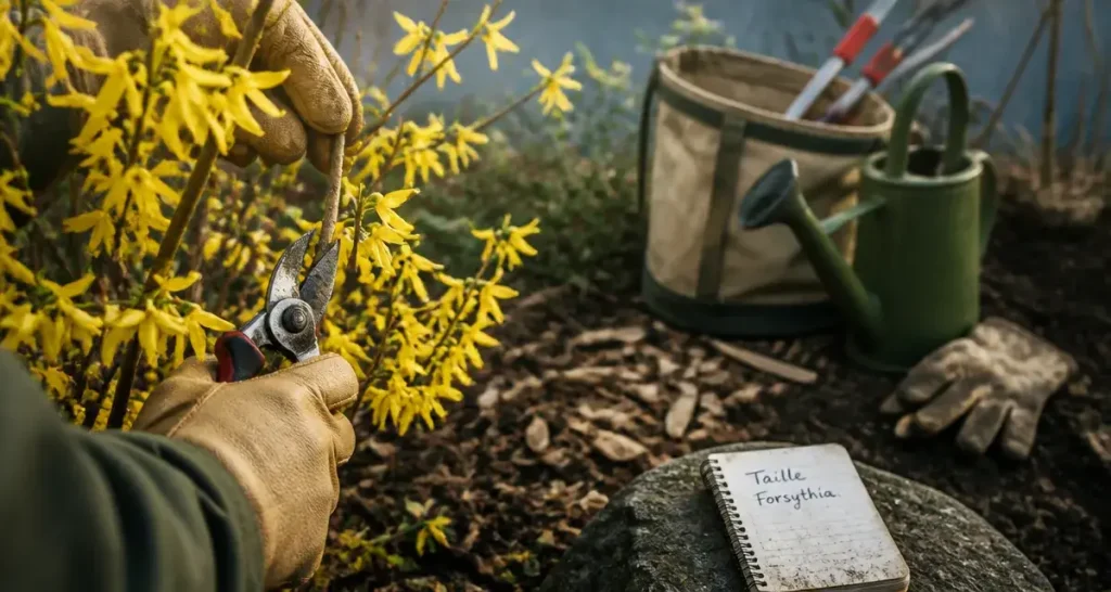 Quand tailler forsythia : sécateur coupe après floraison, branches jaunes}}