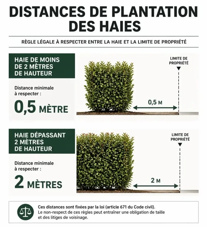 Schéma des distances et hauteurs réglementaires pour une haie de plus de 30 ans