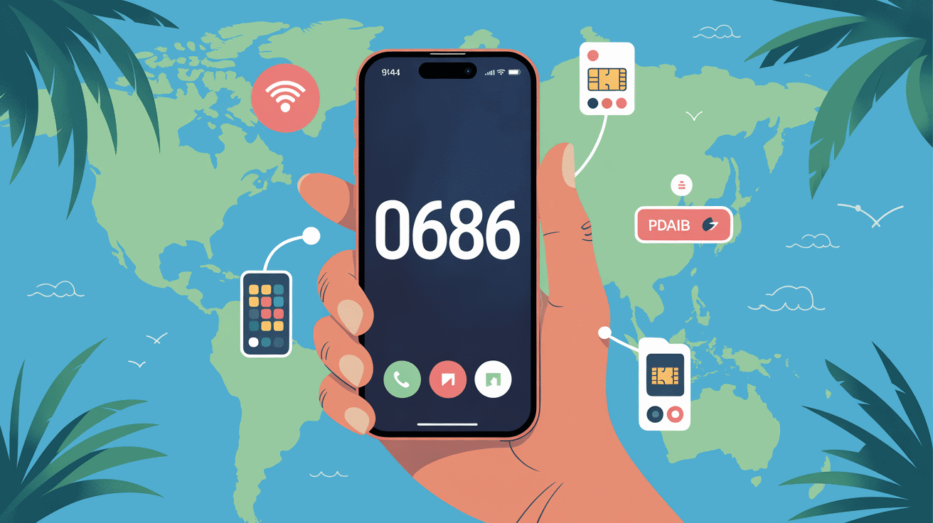 0686 quel operateur affiché sur smartphone avec îles tropicales