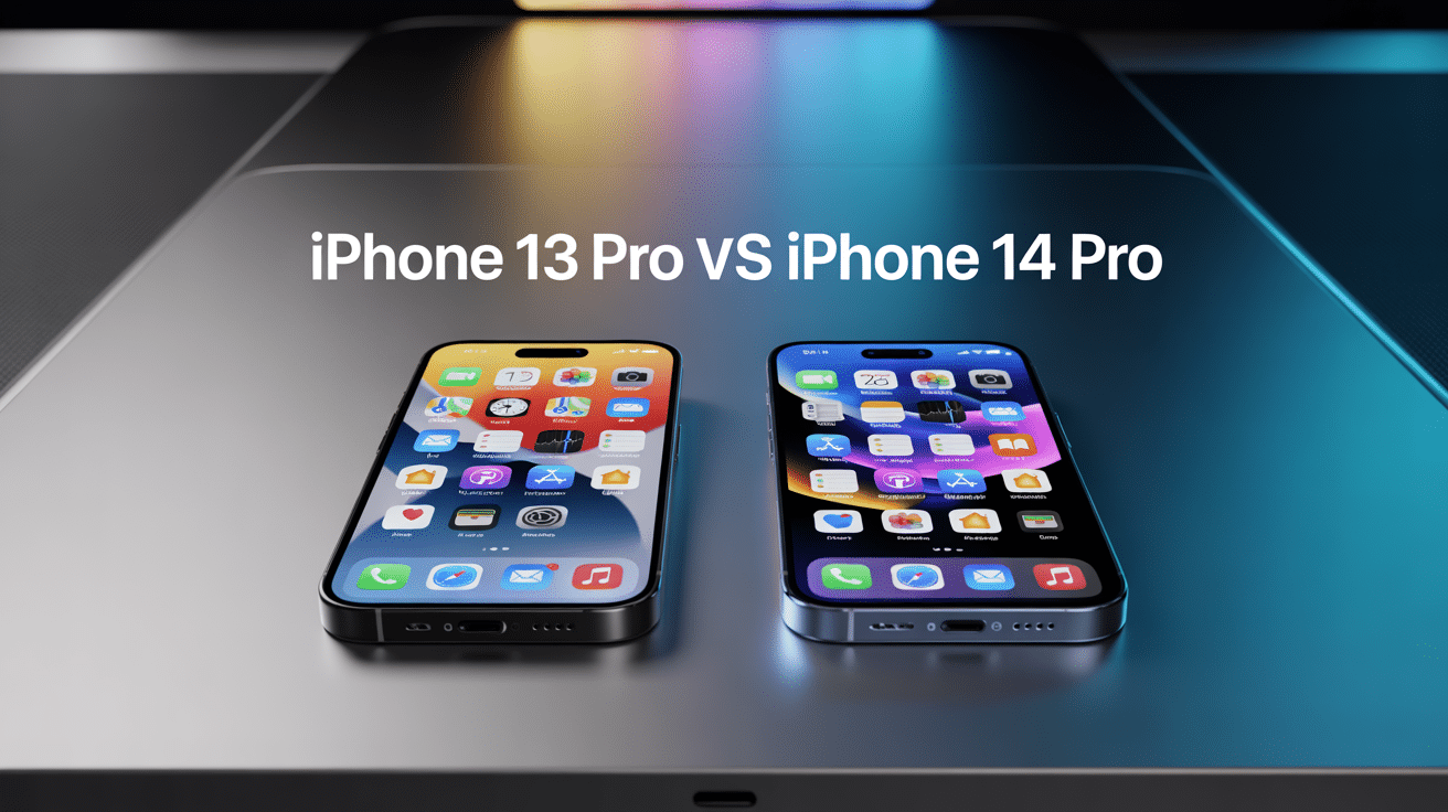 iPhone 13 Pro vs iPhone 14 Pro côte à côte avec interface moderne