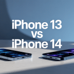 iPhone 13 vs iPhone 14 côte à côte sur fond minimaliste
