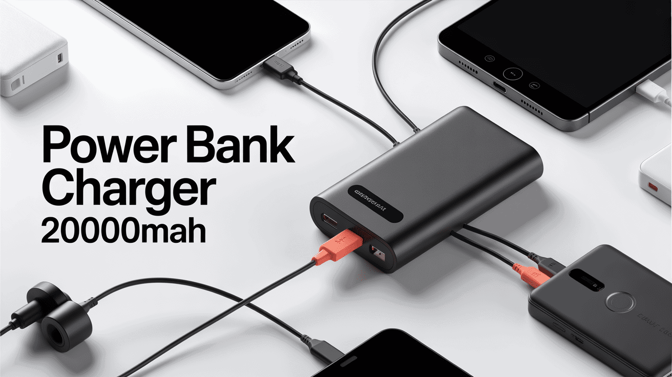 Power bank charger 20000mah entouré d'appareils connectés