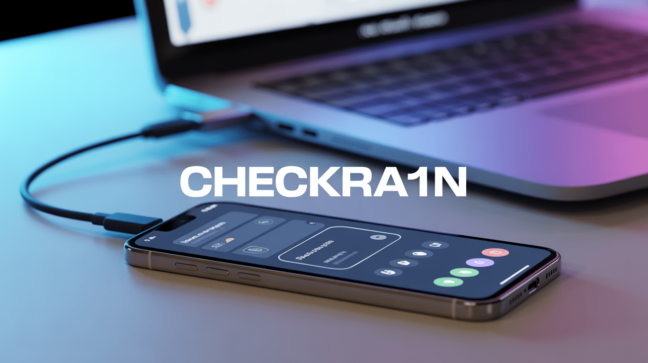 Smartphone avec interface checkra1n et icônes sécurité