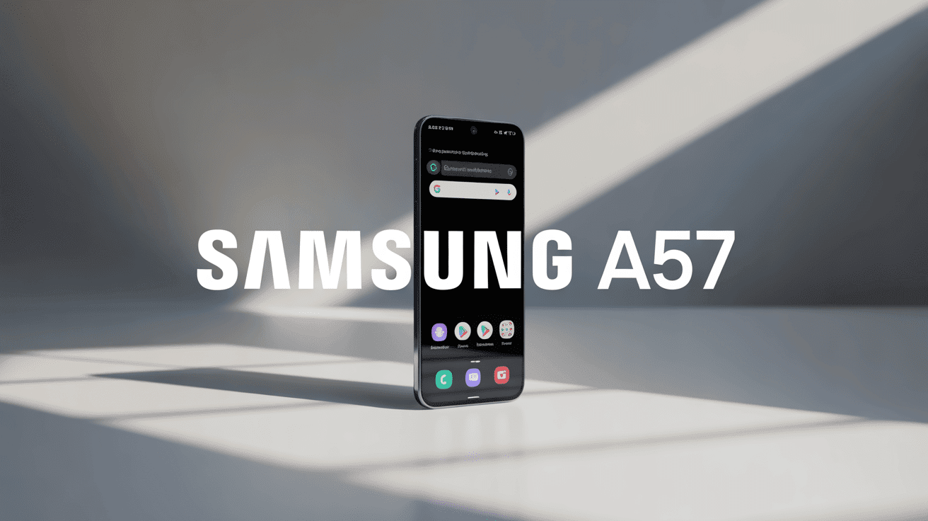 samsung a57 posé sur surface blanche écran allumé