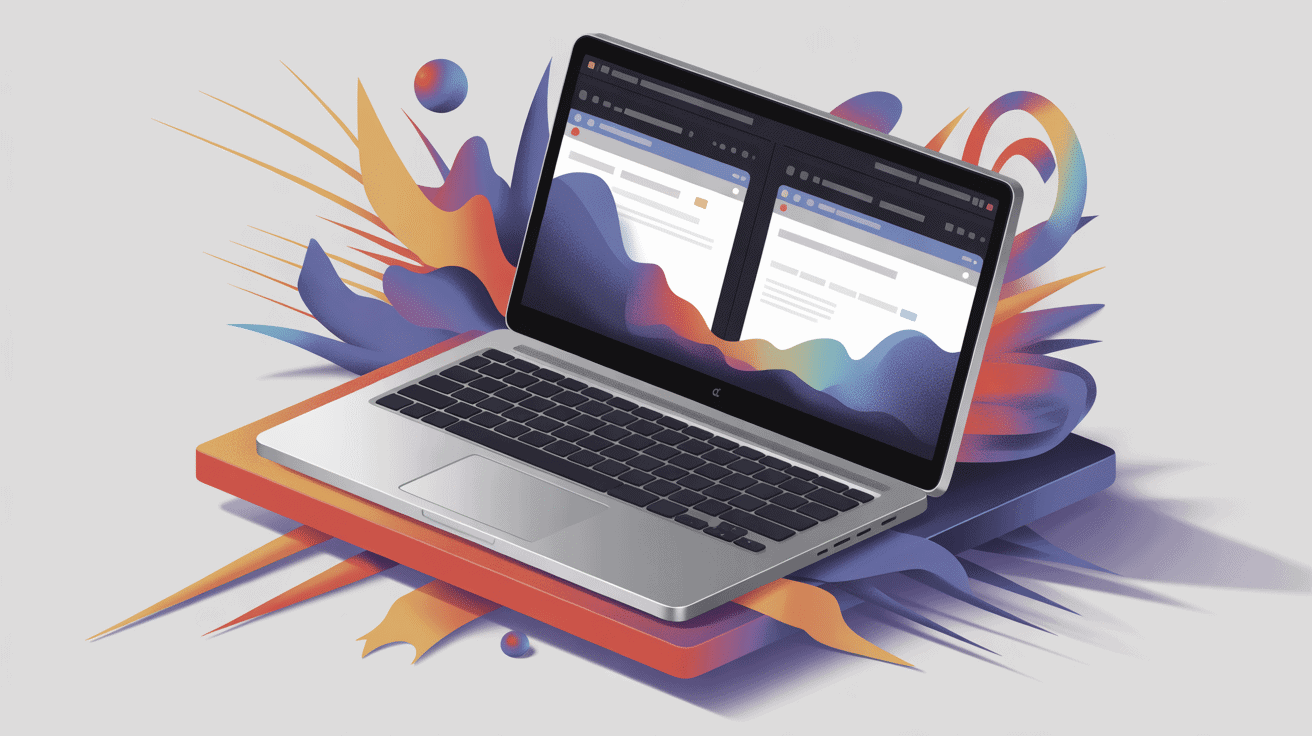 Illustration pc portable 2 ecrans pour productivite moderne