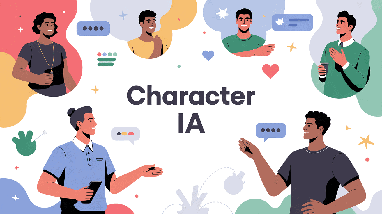 Illustration de personnages IA interactifs sur fond numérique