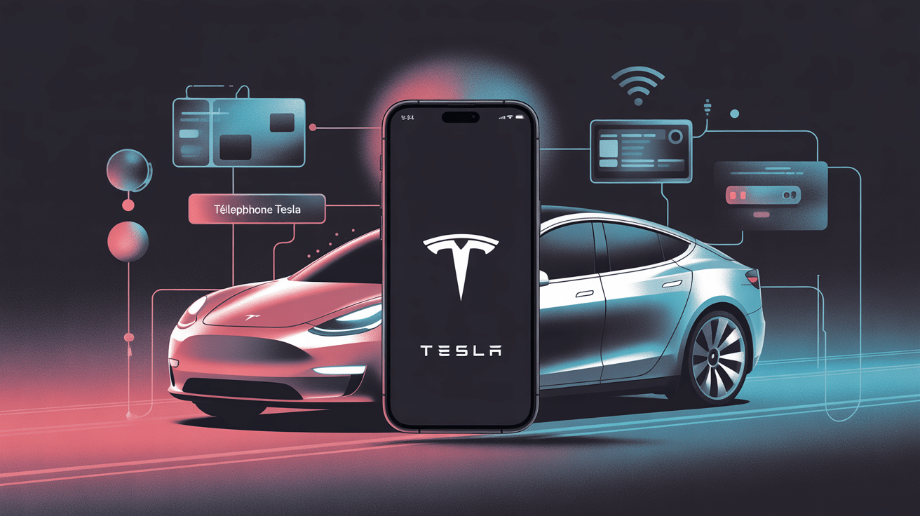illustration téléphone tesla et voiture connectée