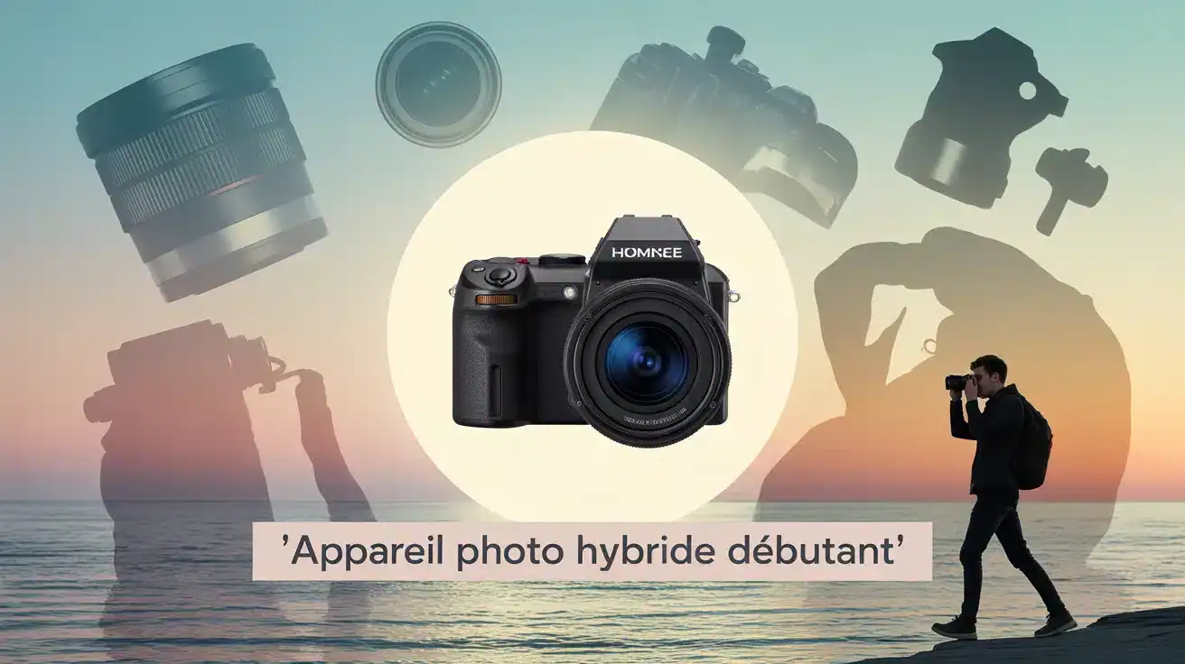 Illustration appareil photo hybride débutant moderne avec objectifs et photographe