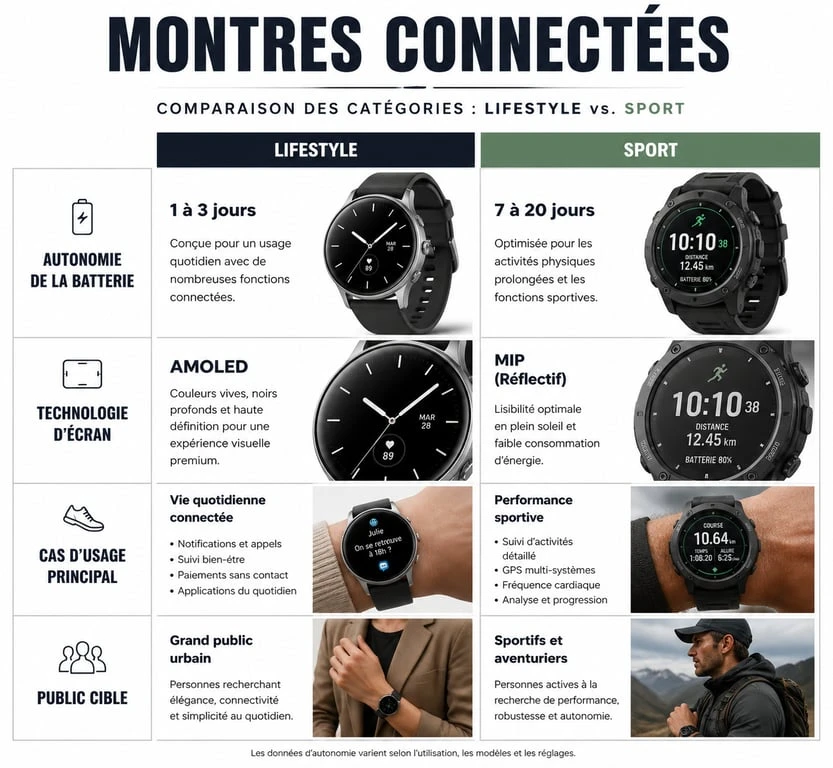 Infographie comparative des montres connectées : Lifestyle vs Sport pour choisir le meilleur modèle selon vos besoins.