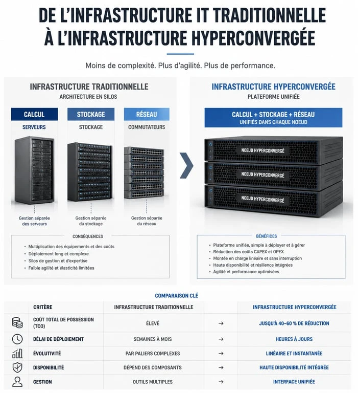 Schéma comparatif illustrant le passage d'une infrastructure informatique traditionnelle en silos à une architecture hyperconvergée unifiée.