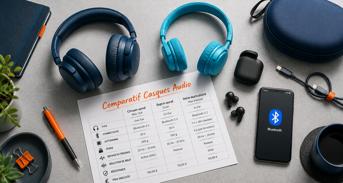 Comparatif casque audio avec trois modèles sur bureau