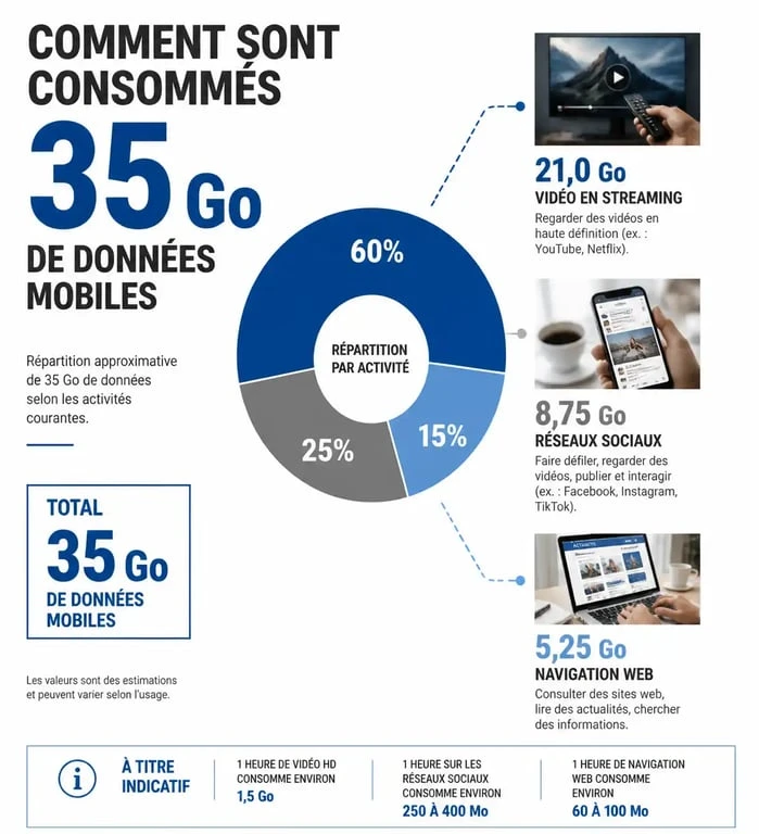 Infographie illustrant la consommation de 35 Go d'internet mobile par type d'usage