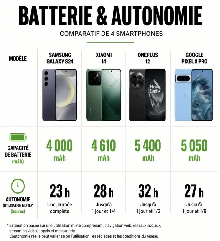 Comparatif des meilleurs smartphones pour l'autonomie : capacité batterie et durée d'utilisation