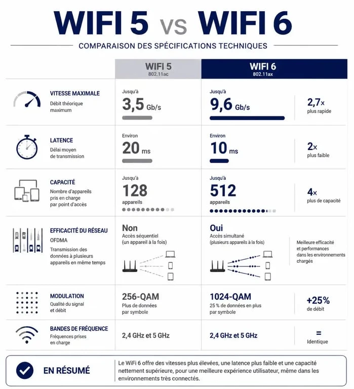 Tableau comparatif des performances entre le WiFi 5 et le WiFi 6 pour choisir son équipement réseau