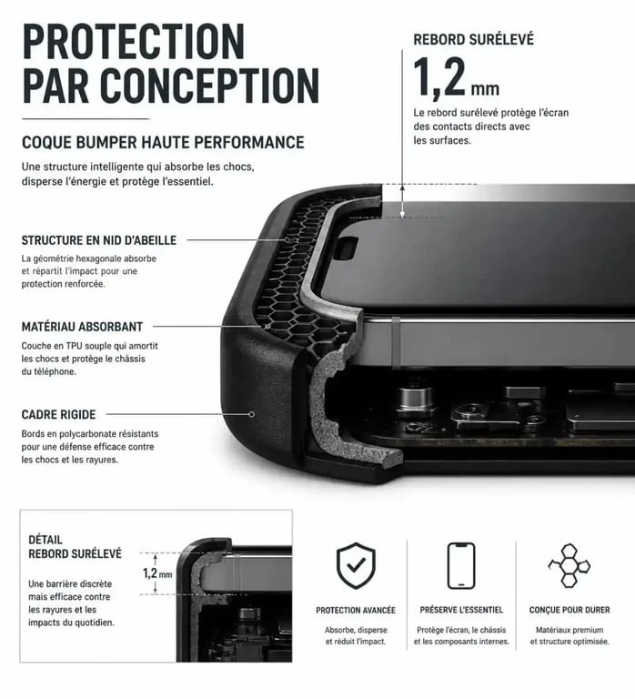 Schéma technique d'une coque bumper pour smartphone montrant la structure en nid d'abeille et la protection de l'écran