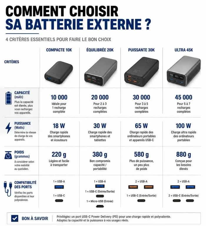 Infographie comparative des critères techniques pour choisir la meilleure batterie externe