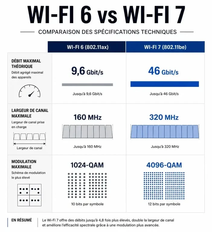 Infographie comparative des performances techniques entre le Wi-Fi 6 et le Wi-Fi 7
