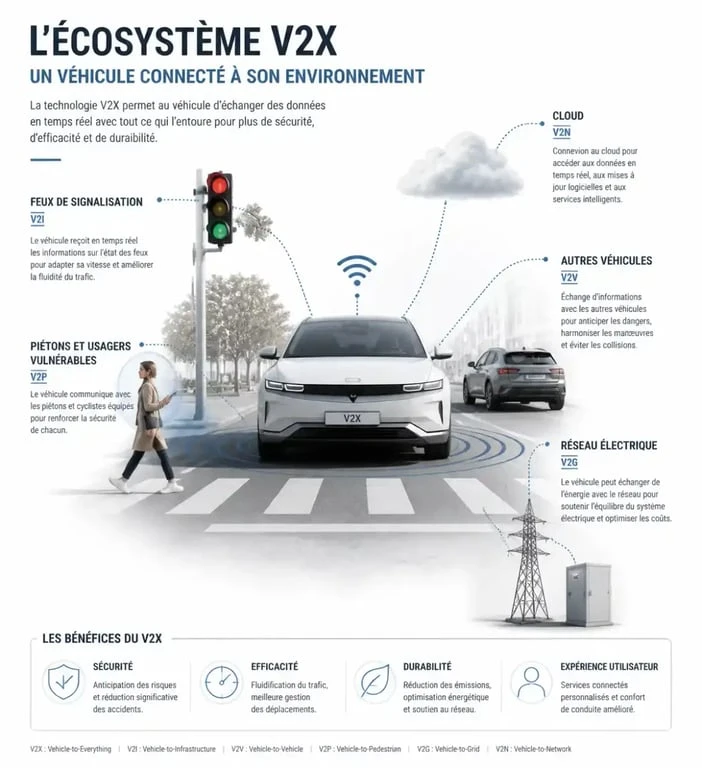 Schéma explicatif du fonctionnement de la technologie V2X et ses applications dans la mobilité connectée.