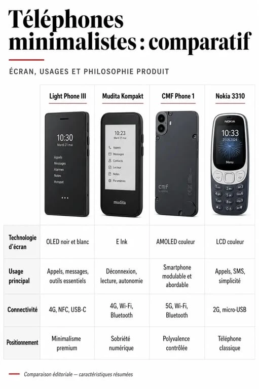 Infographie comparative des téléphones minimalistes : Light Phone III, Mudita Kompakt, CMF Phone 1 et Nokia 3310 pour choisir son téléphone minimaliste.