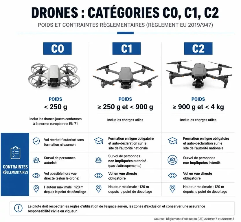 Infographie comparative des catégories de drones et réglementations aériennes