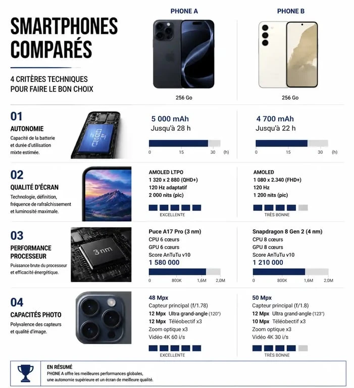 Infographie des critères de test smartphone pour évaluer les performances et la qualité