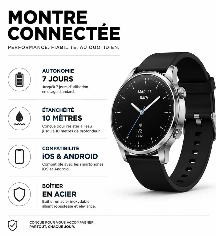 Infographie des caractéristiques techniques de la montre connectée Tekday : autonomie, étanchéité et compatibilité.