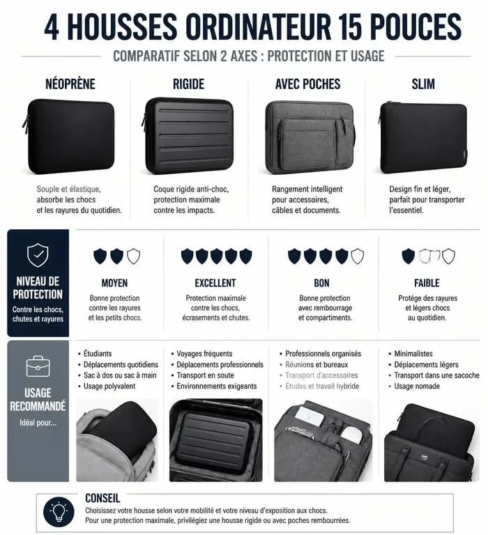 Infographie comparative des types de housses pour ordinateur 15 pouces : protection et usage