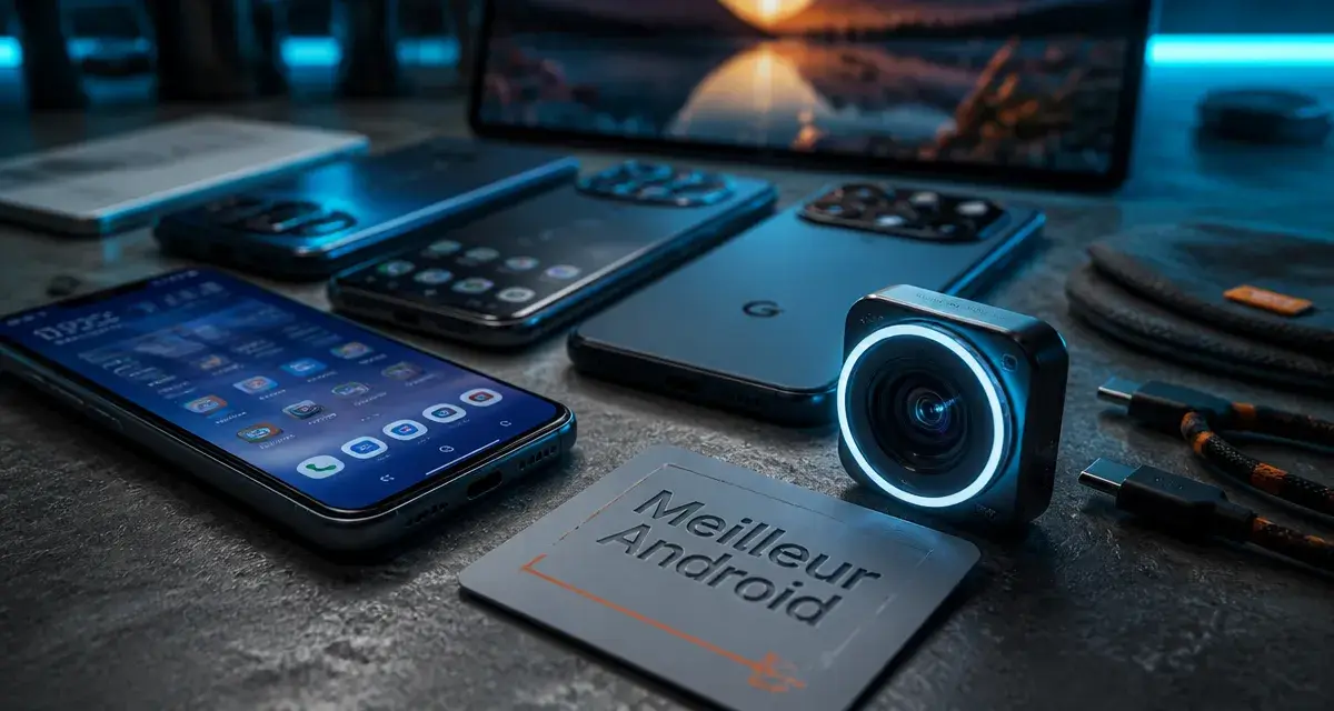Meilleur telephone android : smartphones Android sur table béton, écrans allumés