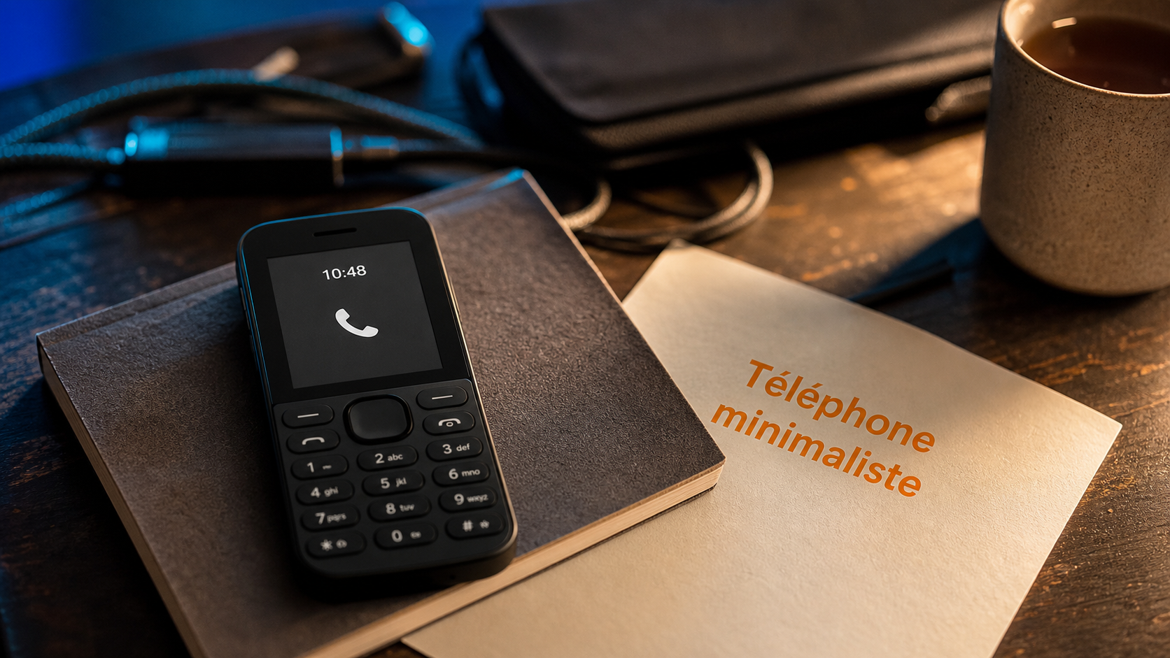 Telephone minimaliste noir, écran monochrome, choix déconnexion