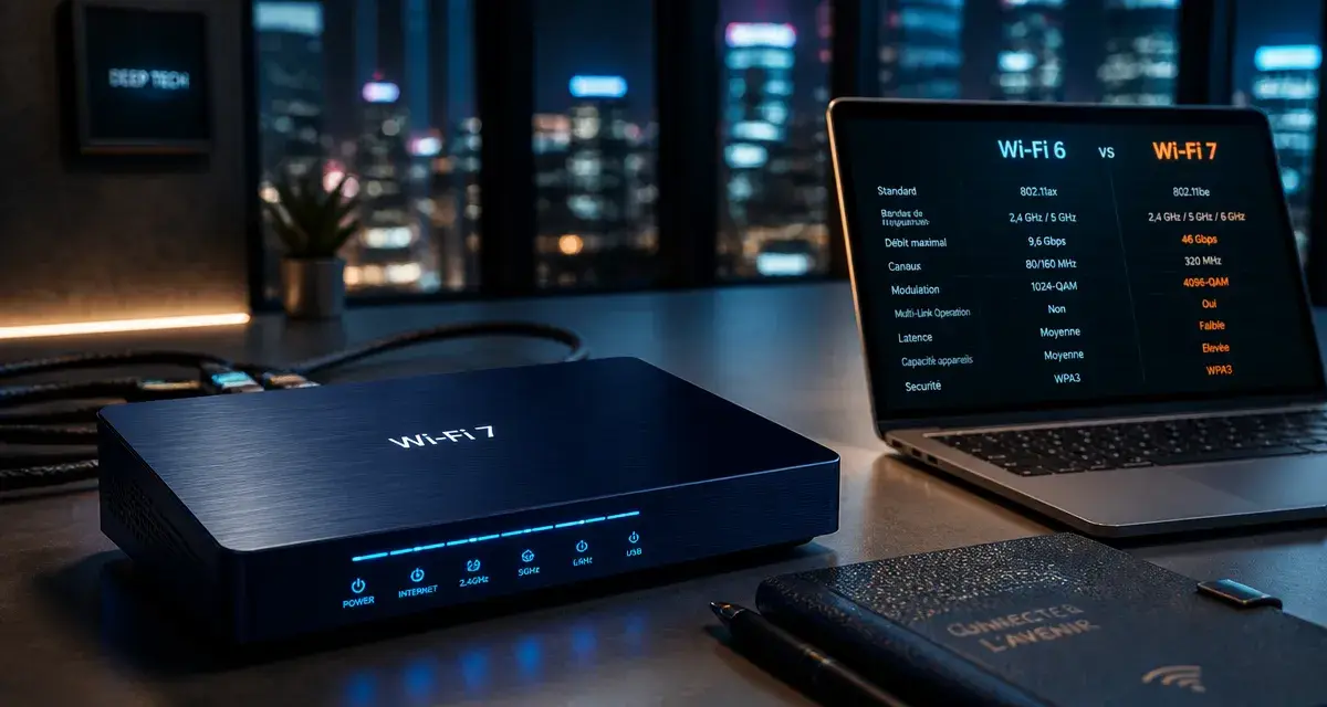 wifi 6 vs wifi 7 : routeur wifi 7 bleu nuit au bureau