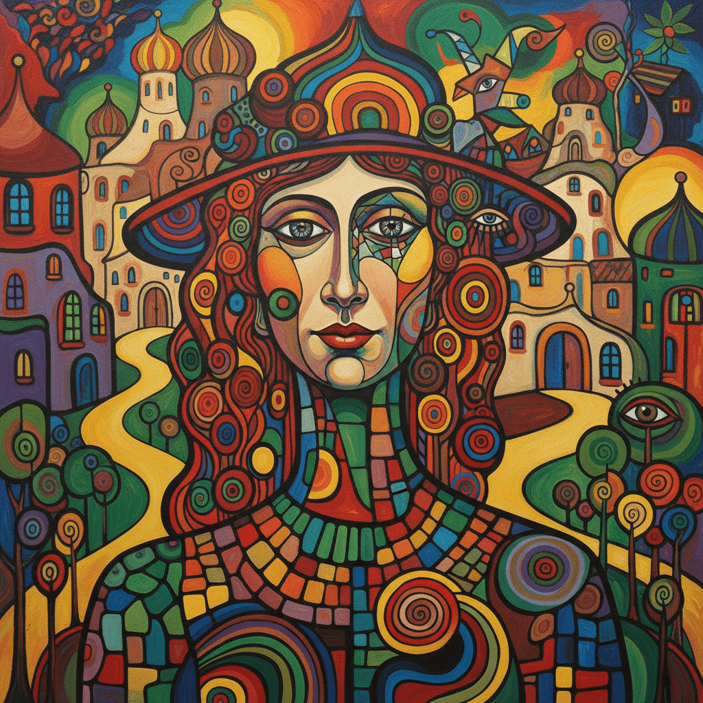 Abstract woman portrait with vibrant colors and intricate patterns.