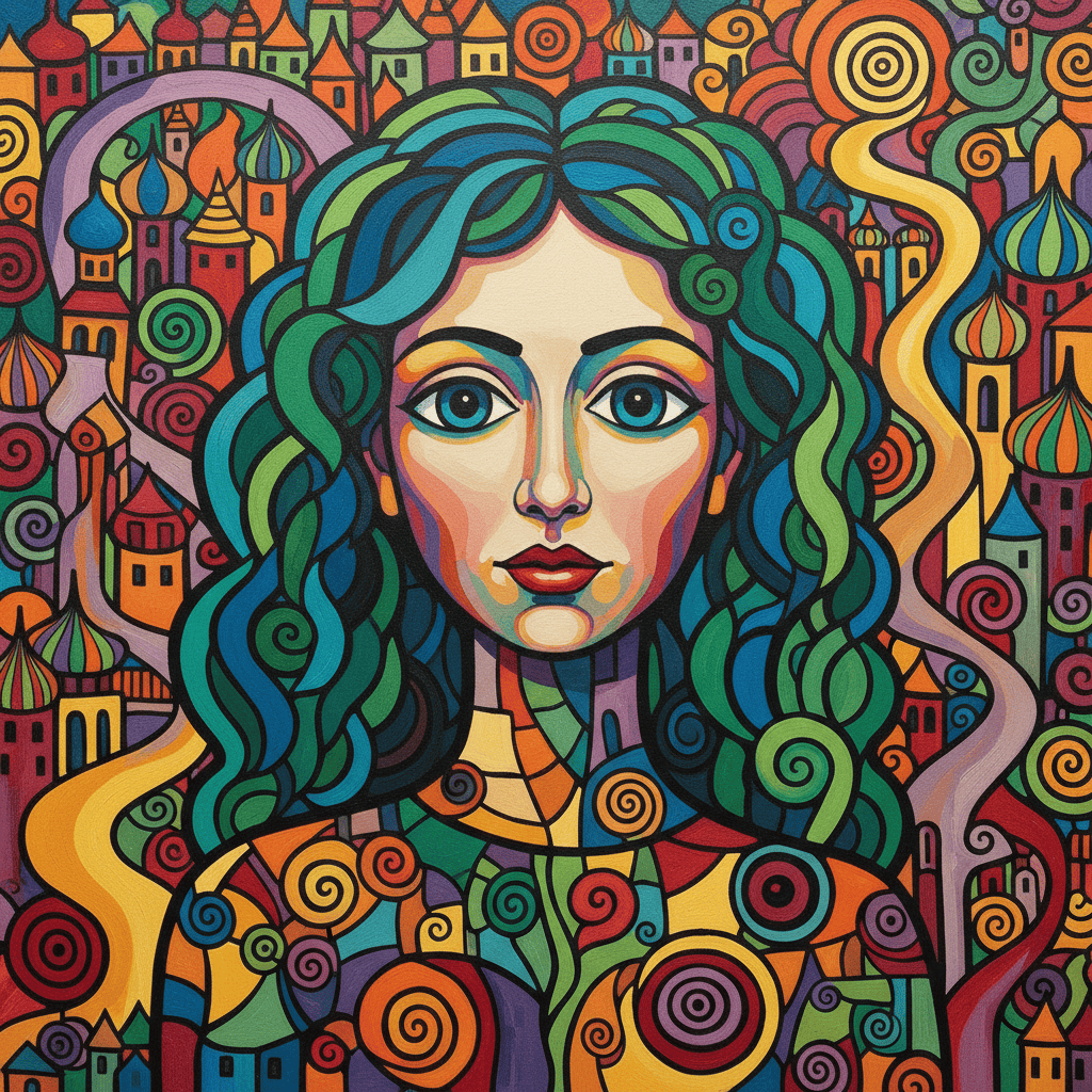 Vibrant abstract portrait of a woman with flowing green hair and intricate background design.