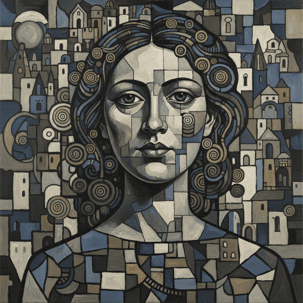 Artistic mural of a woman with intricate geometric patterns and cityscape background.