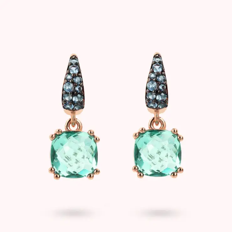 Bronzallure-Orecchini Pendenti con Prisma Gem Verde Quadrata e Pavé