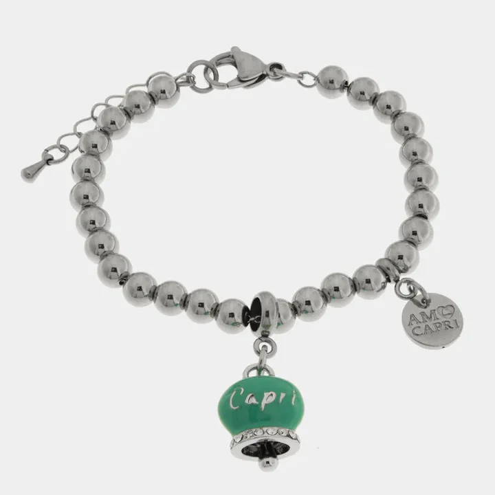 Amo Capri-Bracciale in Acciaio campanella verde acqua con scritta Capri e zirconi 3170743