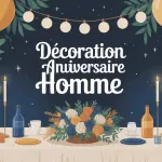 décoration anniversaire homme scène festive table ballons guirlandes bleu or bois