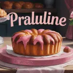 praluline brioche aux pralines roses sur plateau rustique