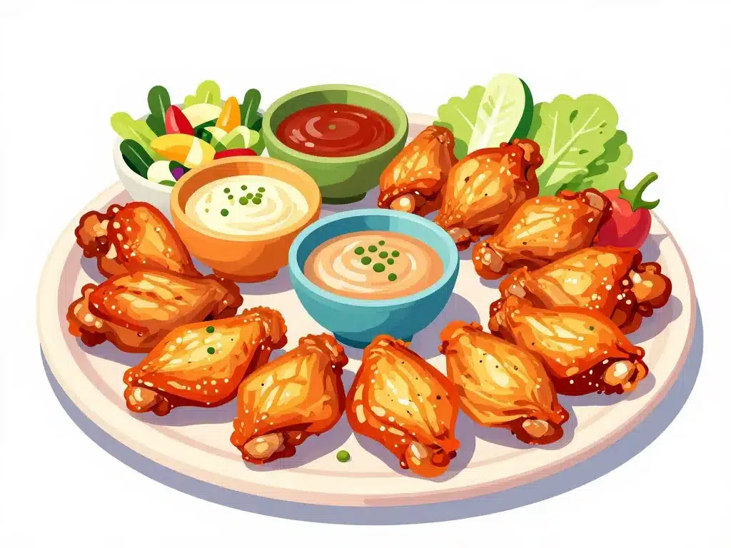Ailes de poulet air fryer avec sauces variées et accompagnements légers