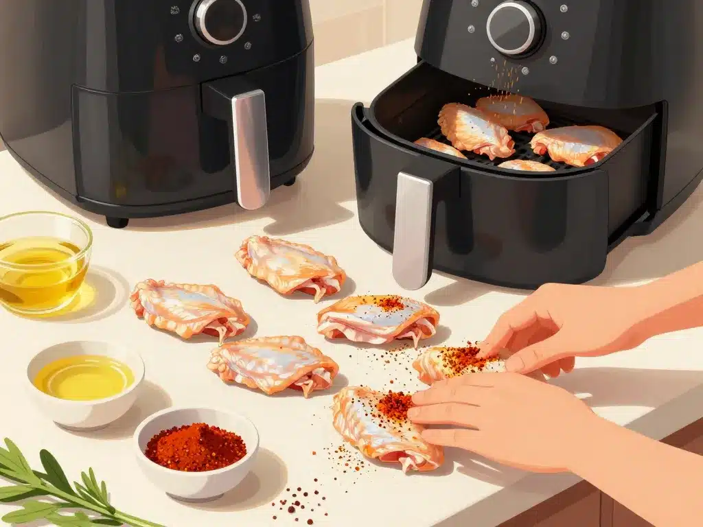 Préparation ailes de poulet air fryer assaisonnées sur plan de travail