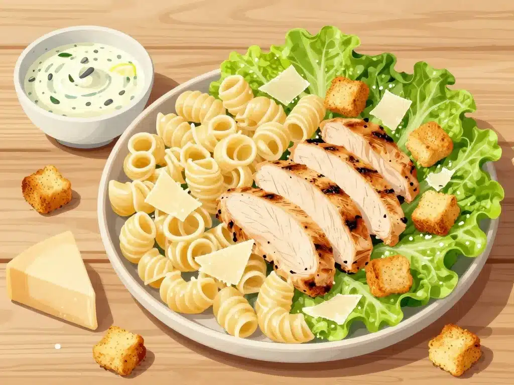 Ingrédients salade de pates au poulet cesar sur table