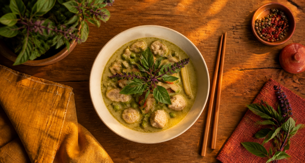 curry vert au basilic thaï sur plan de travail