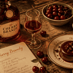 cherry brandy liqueur sur table avec cerises et chocolat