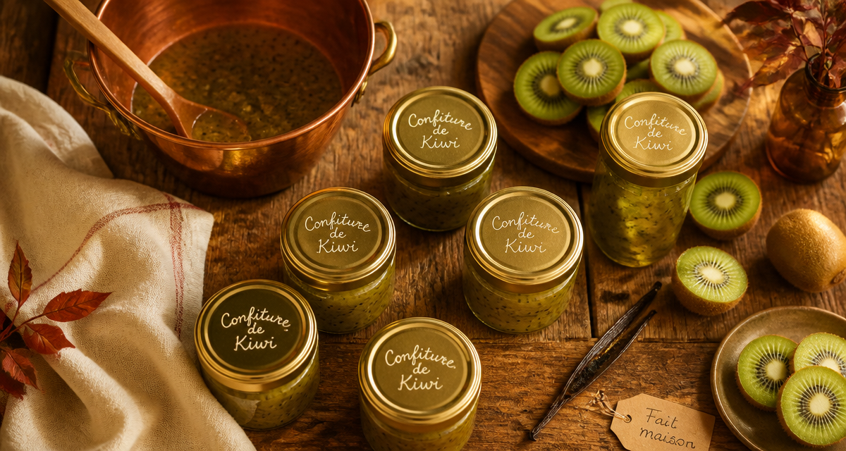 pots confiture de kiwi de grand-mère sur table