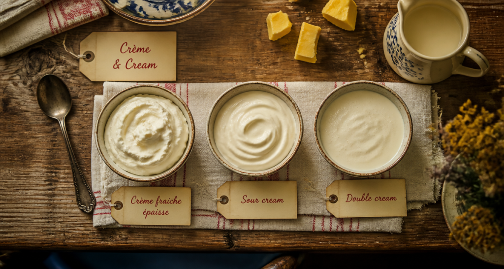 cream creme fraiche sour cream double cream en bols