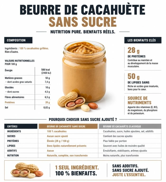 Infographie des bienfaits nutritionnels du beurre de cacahuète sans sucre ajouté