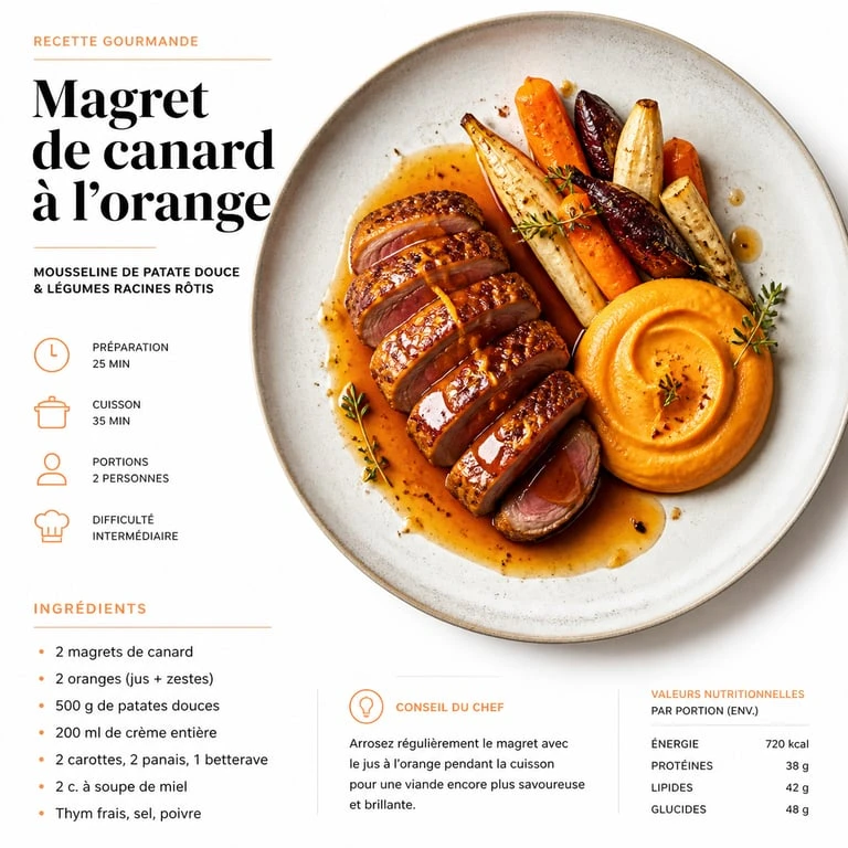 Assiette de magret de canard à l'orange et son accompagnement de mousseline de patate douce