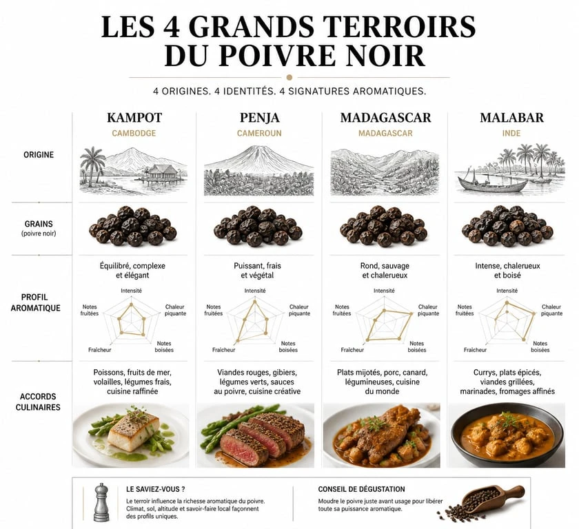 Infographie comparative des profils aromatiques et origines du poivre noir en grain